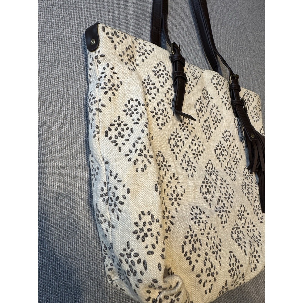 Lucky Brand Tote Bag Cotton Linen Canvas Tassels Dbl Handles Striped‎ Shoulder - Picture 9 of 12